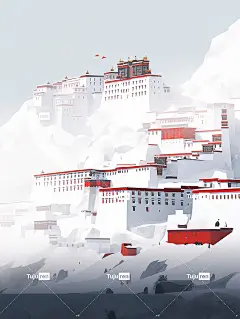 布达拉宫被白色浓雾包围，佛教禅宗平面插图海报