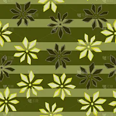 康乃馨花无缝涂鸦图案在涂鸦手绘风格。随机打印在绿色条纹背景。