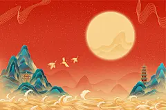 元宵节月亮国潮山水插画手绘国风风景背景祥云月亮中式古风仙鹤古风古风水墨背景