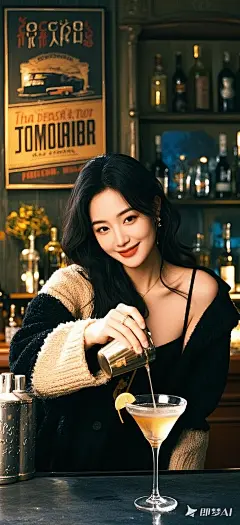 融合复古酒吧室内、户外公园场景，中国美女吧台优雅，黑色小礼服、米色毛衣，昏黄灯光、环境光，老式海报、虚化背景，爵士乐氛围、韩剧男主氛围，精致鸡尾酒、人脸特写，神秘微笑、失落眼神，电影画质高细节真实照片