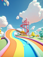 Game scene, cartoon wind, playground, rainbow track, blue sky and white clouds, C4D wind, HD, Rainbow Run, 16k