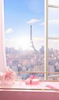 a pink box with flowers in it, white curtains，in the style of grandiose cityscape views, the Eiffel Tower in the city, sun halo in the foreground,anime inspired, glass as material, soft and dreamy atmosphere, spectacular backdrops, playful details, spatia