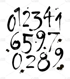 一套丙烯酸书法或墨水数字。ABC为您的设计，笔刷字母在白色的背景与斑点