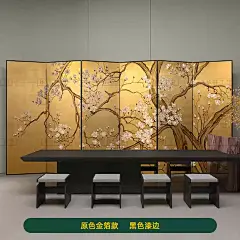 手绘漆画现代新中式复古金箔屏风玉兰花客厅沙发背景隔断移动折屏-淘宝网