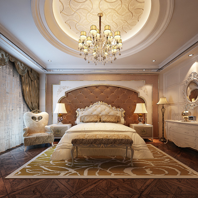 欧式新古典风格三居142平家居卧室床地毯...