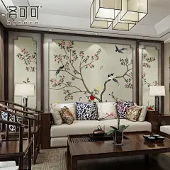 新中式壁纸花枝招展电视背景墙壁纸沙发卧室客厅墙布壁画素色-tmall.com天猫