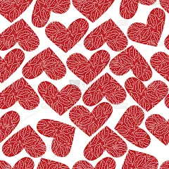 矢量插图。可爱的无缝爱情图案:由吻、唇组成的手绘心形。卡通风格的涂鸦插图。印花和纺织品，壁纸，包装的