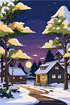 冬季夜晚梦幻小木屋
