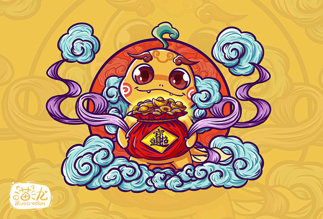 喵九匠金鲵吉祥物延展国潮涂鸦风插画