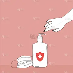 用消毒液洗手。抗菌卫生酒精凝胶。涂鸦艺术线条。向量