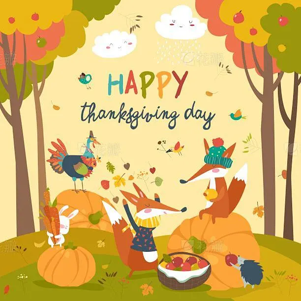 Cute animals celebrating Thanksgiving day素材-花瓣网