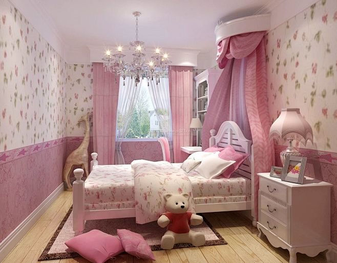 女孩卧室装饰粉色窗帘装修效果图片#卧室壁...