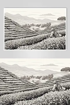 AI数字艺术复古铜版画茶园茶叶插画-众图网