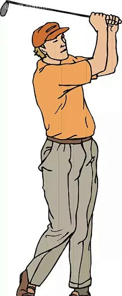 挥舞着高尔夫球杆的男人卡通画插画|高尔夫球杆|黄色T恤|卡通画|男人|生活百科|矢量素材|手绘|体育运动|T恤|黄色T恤模板|穿黄色T恤的|衣服T恤黄色领口