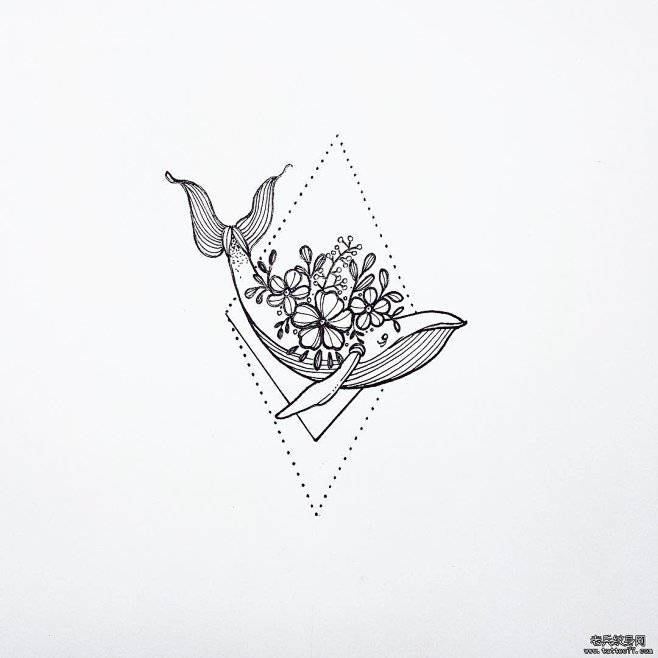小清新鲸鱼花卉纹身图案手稿