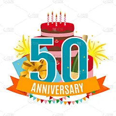 模板50周年祝贺，贺卡蛋糕，礼盒，烟花和丝带邀请矢量插图