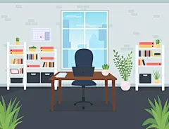 AI矢量卡通手绘室内空间场景插画阁楼客厅厨房家具H5网页设计素材