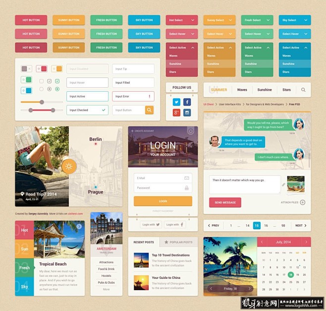 网页/UI 清新UI工具包PSD,彩色按...