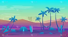 日落，海上日出。在大自然中过夜。夏季景观插图与棕榈树。平面设计。极简主义的风格。