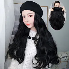 一体女时尚长卷发大波浪全头套式假发女长发网红冬天贝雷帽子假发