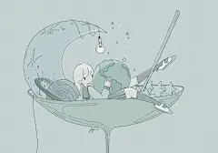 插画师huyuyori_2的一组梦幻插画，淡绿色的配色和轻松随性的线条。 ​​​​