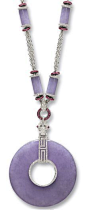 LAVENDER JADEITE, RUBY AND DIAMOND PENDANT NECKLACE The pendant set with a translucent lavender jadeite disc, to a surmount of geometrical motif set with circular-cut diamonds and rubies; the necklace set with six lavender jadeite tubular beads of matchin