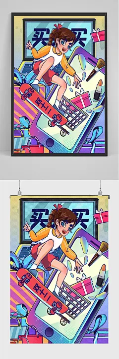双十二电商购物狂欢节玩滑板女生插画