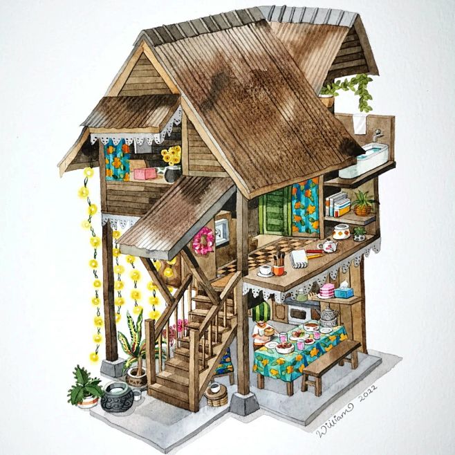 水彩小房子插画