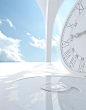 Abstract wallpaper time clock white space, in the style of detailed skies, symbolic props, arched doorways, anamorphic lens, high-angle, michael heizer, norman foster