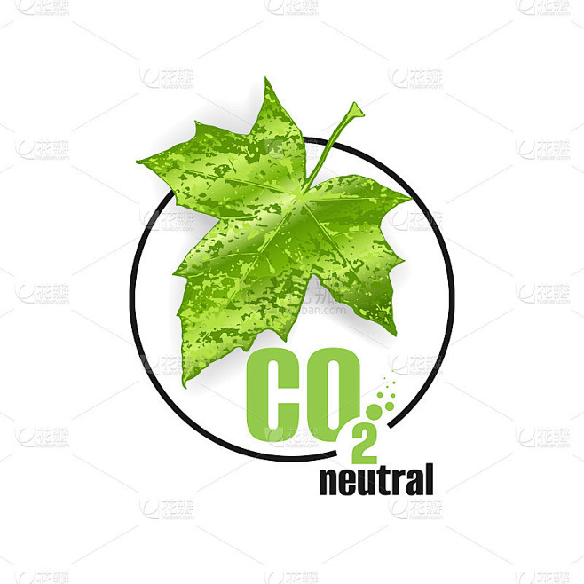 碳中性标志，标志，图标，邮票，生态贴纸。植物绿色叶片与CO2字分离在白色背景。矢量图