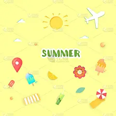 夏季剪辑艺术集卡。矢量插图。