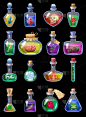 套瓶魔法药水。游戏图标液体酏剂五颜六色的头骨，心，骨，血，青蛙，花，蘑菇，石头。矢量游戏资产app 