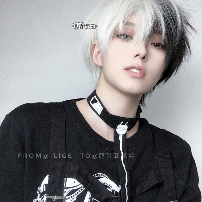 同级生+黑白双拼阴阳头正太基佬假发少年毛挑染万圣节短发男cos女淘宝网