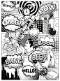 黑白漫画页用台词划分，气泡，火箭，超级英雄的手和声音效果。矢量图