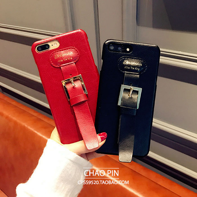 网红同款皮质酒红腕带iPhone7plu...