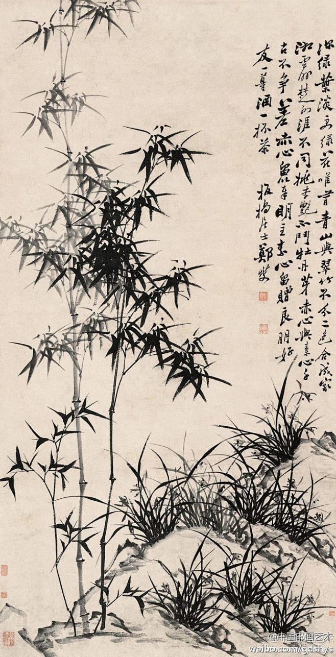清 郑燮 《兰竹图》 】 郑板桥的画多以水墨写意，极少设色。他曾说过“我有胸中十万竿，一时飞作淋漓墨”，所画的竹子体貌疏朗、笔力瘦劲，自有一番 ...