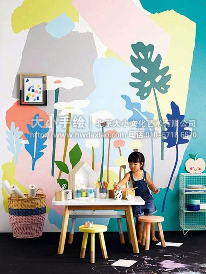 花朵墙绘，儿童画彩绘，客厅手绘墙，儿童房...