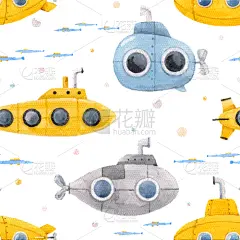 潜水艇,水彩画,水下,式样,华丽的,纺织品,壁纸,现代,复古,绘制