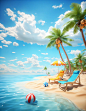 In the middle of the screen is a beach with coconut trees next to it. Swimming rings, beach chairs, and coconut trees are placed on the beach, and the background is a blue sky with beautiful clouds. It is rendered in high-definition 3D C4D