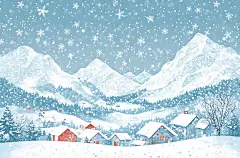 【AI数字艺术】雪中的村庄小镇房屋，无人雪山高山地形户外自然风景插画，冬天节气立冬至大寒小寒大雪小雪寒冷图片下载