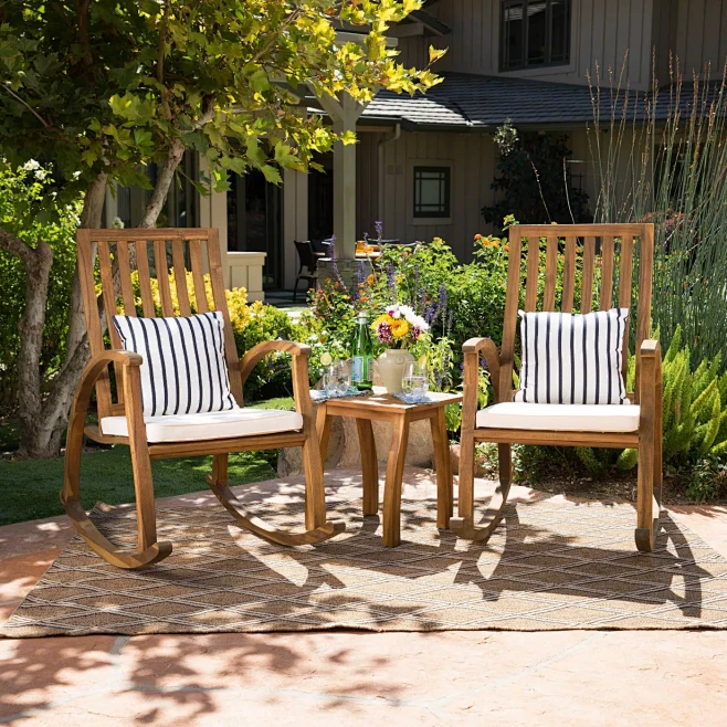Cayo 3pc Acacia Wood Outdoor Patio Rocking Chair Chat Set - Natural ...