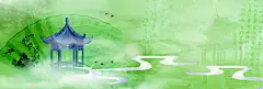 中式古风亭子烟雾扇子绿色背景 晕染 水墨 海报 素材 纹样 背景 设计图片 免费下载 页面网页 平面电商 创意素材