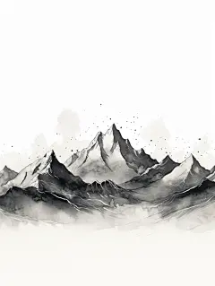 极简主义山水插图，水墨山脉清晰黑白