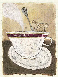 做旧质感纹理水粉复古童真童趣儿童插画丨by Tetsuhiro Wakabayashi ​​​​-杯子 一杯茶