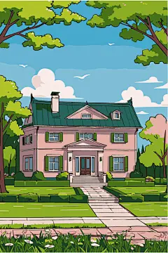 卡通手绘别墅插画