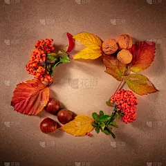 秋天的花环，方形的设计模板用一个地方为文字，秋天的叶子平铺构图，上面拍