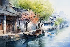 水墨风徽派建筑江南水乡插画