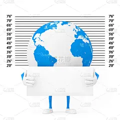 地球人物吉祥物与识别牌在警察指认或脸部照片背景。3d渲染