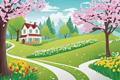 天空绿树花丛草坪晴空插画背景图