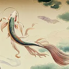 一条长尾锦鲤在空中遨游，敦煌壁画风格